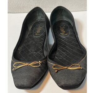 Yves Saint Laurent YSL Black Denim Ballet Flats Shoes Size‎ 37.5 Bow Logo